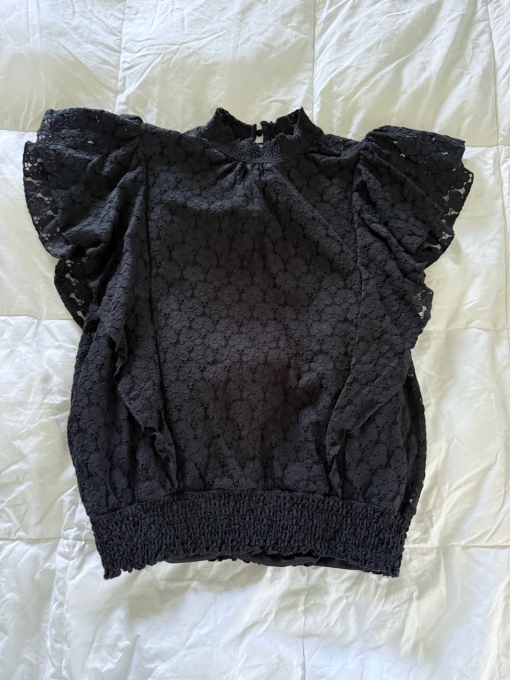 CeCe Black Lace Flutter-Sleeve Smocked-Hem Top